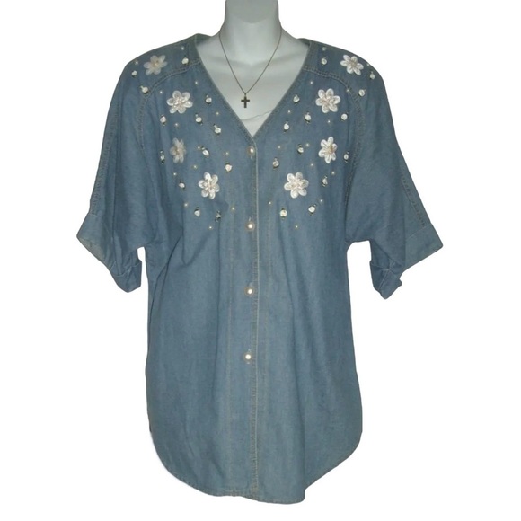 Vintage 80's Bingo Top Denim Pearls Cardigan Flower Sequin Shirt Plus Grandma 16 - Picture 12 of 12